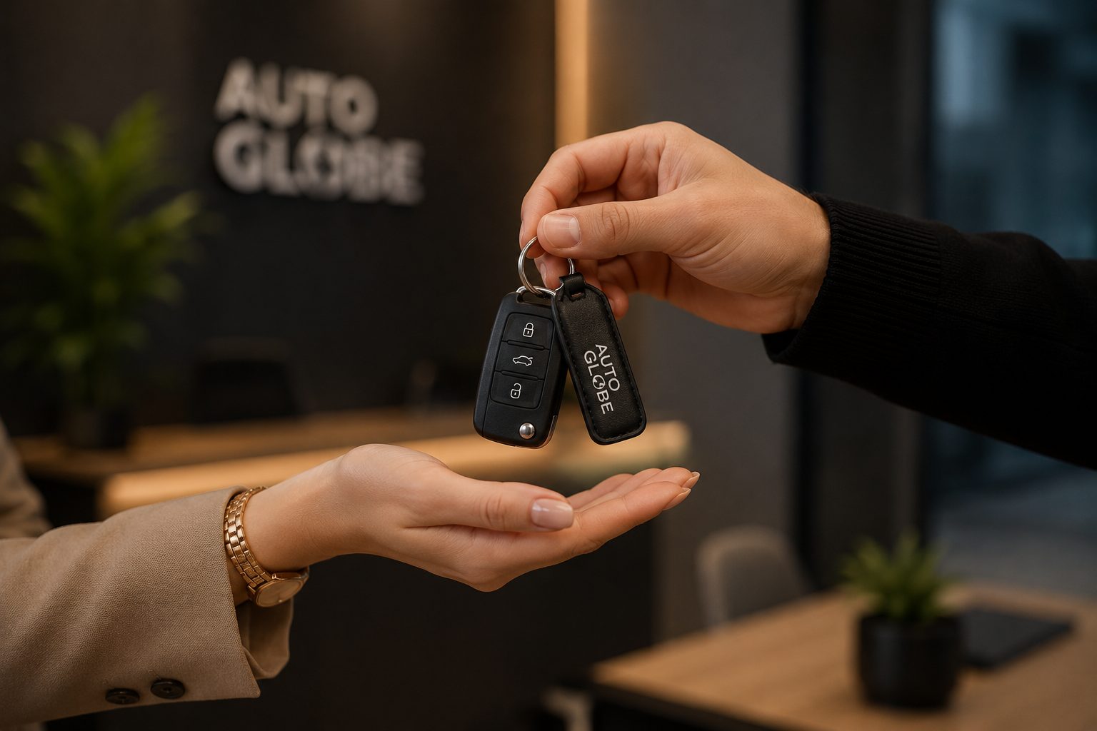 Bilnøkler med Auto Globe-nøkkelring overrekkes til fornøyd kunde